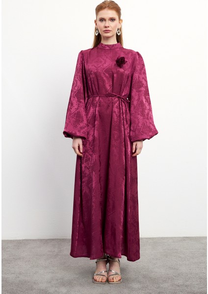Gül Detaylı Jakar Elbise - Bordo