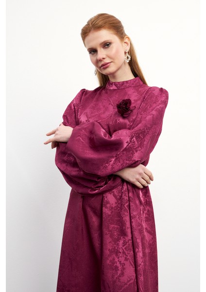 Gül Detaylı Jakar Elbise - Bordo modelleri