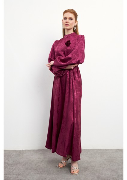 Gül Detaylı Jakar Elbise - Bordo fırsatları