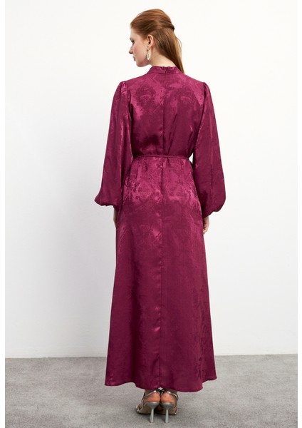 Gül Detaylı Jakar Elbise - Bordo indirimleri