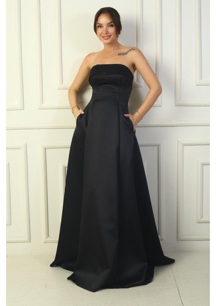 Kadın Straplez Astarlı Cepli Uzun Saten Abiye Elbise