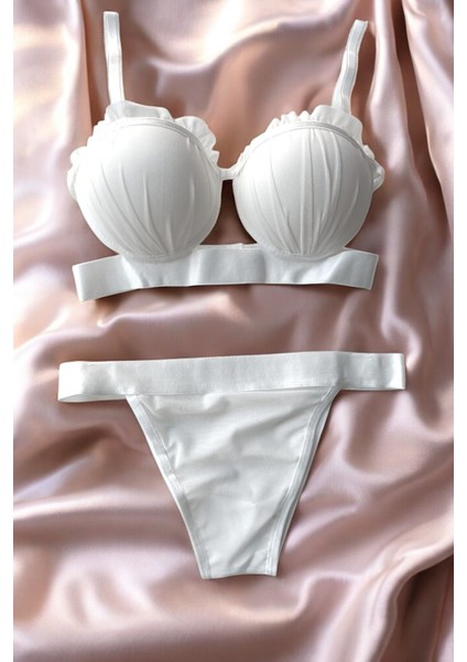 Beyaz Midye Istiridye Model Saten Şeritli Dolgulu Sütyen Külot Takımı