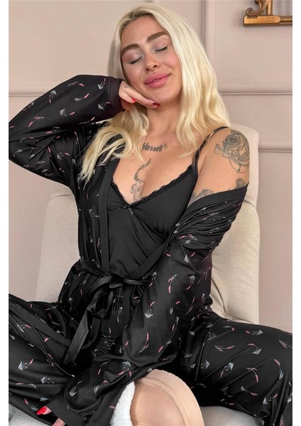 Siyah Midnight Petals Exclusive Örme Sabahlıklı Kadın Pijama Takımı