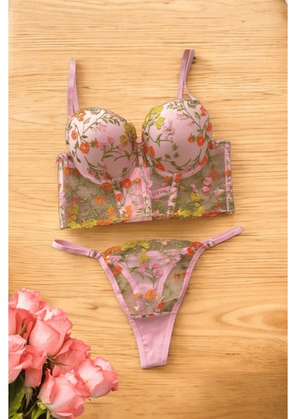 Pembe Çiçekli Dolgulu Büstiyer Takımı (Sütyen & Tanga)