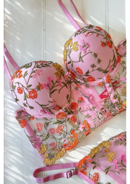 Pembe Çiçekli Dolgulu Büstiyer Takımı (Sütyen & Tanga) fiyatları