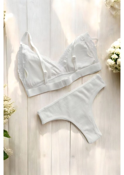 Beyaz Fitilli Pamuklu Dantelli Bralet Takımı (Sütyen & Külot)
