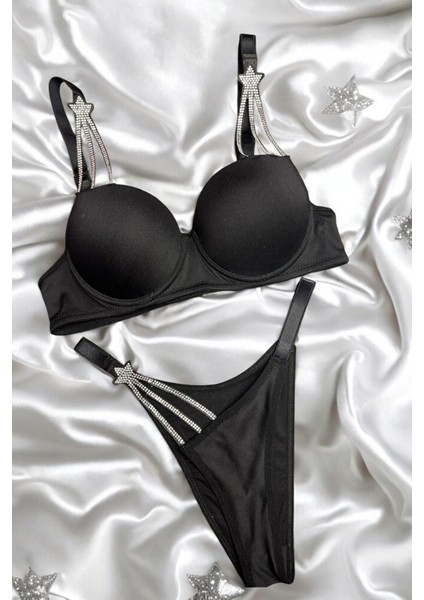 Siyah Starstrucks Taşlı Yıldızlı Dolgulu Victoria Sütyen Takımı (Sütyen & Külot)