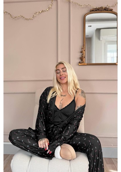 Siyah Midnight Petals Exclusive Örme Sabahlıklı Kadın Pijama Takımı
