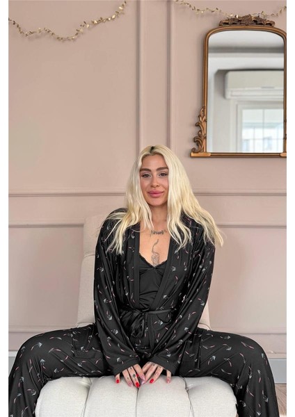 Siyah Midnight Petals Exclusive Örme Sabahlıklı Kadın Pijama Takımı