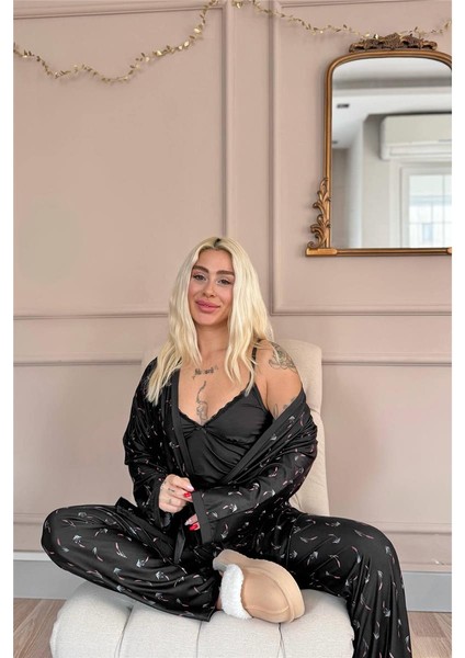 Siyah Midnight Petals Exclusive Örme Sabahlıklı Kadın Pijama Takımı