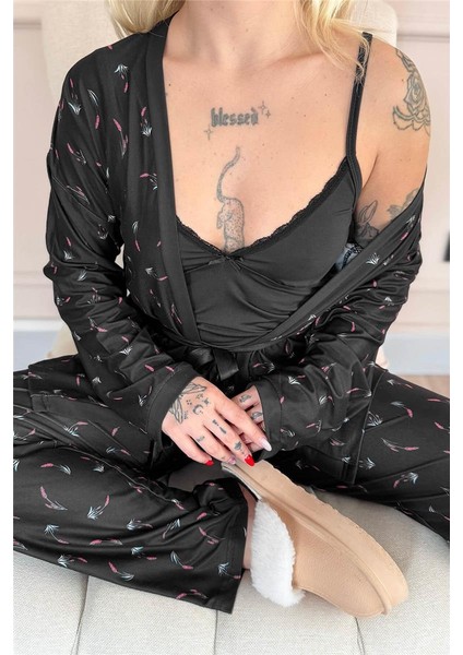 Siyah Midnight Petals Exclusive Örme Sabahlıklı Kadın Pijama Takımı