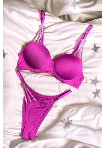 Fuşya Starstrucks Taşlı Yıldızlı Dolgulu Victoria Sütyen Takımı (Sütyen & Külot)