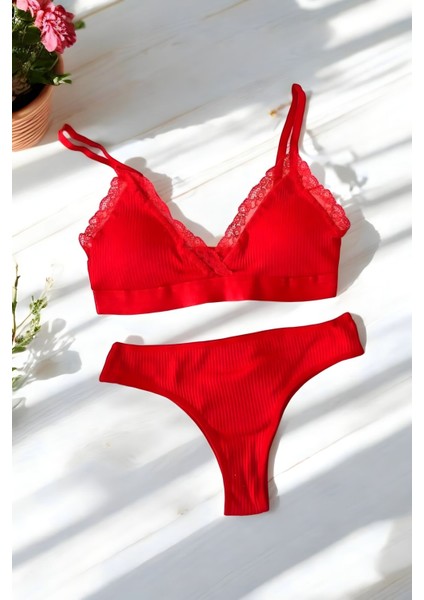 Kırmızı Fitilli Pamuklu Dantelli Bralet Takımı (Sütyen & Külot)