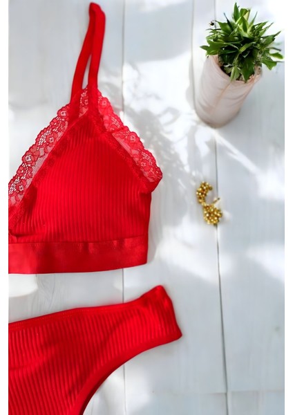 Kırmızı Fitilli Pamuklu Dantelli Bralet Takımı (Sütyen & Külot)