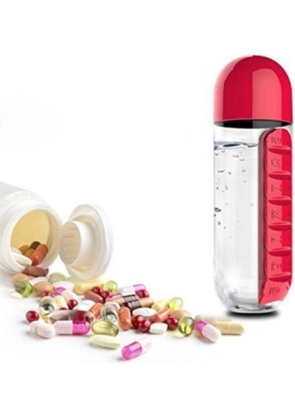 Renkli Ilaç Kutulu Matara Suluk 600 ml Dahili 7 Günlük Ilaç Organizer Su Şişesi fiyatları