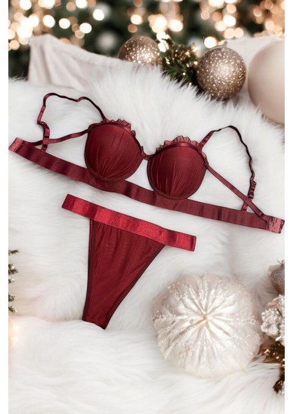 Bordo Midye Istiridye Model Saten Şeritli Dolgulu Sütyen Külot Takımı