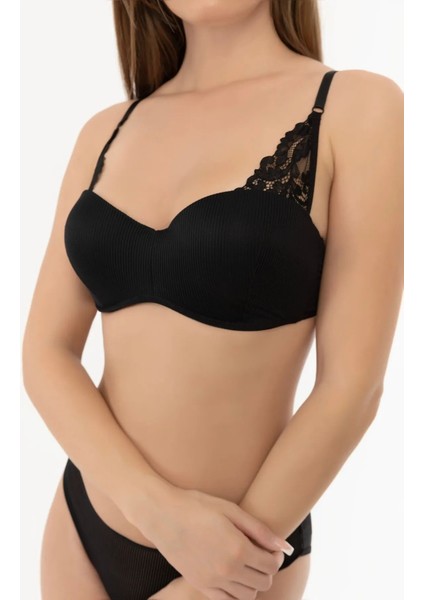Siyah Dantel Detaylı Çizgili Lotus Sütyen Takımı (Sütyen &külot) indirimleri