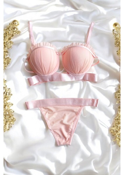 Pembe Midye Istiridye Model Saten Şeritli Dolgulu Sütyen Külot Takımı