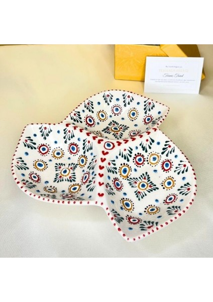 3 Bölmeli Çini Motifli Seramik Kase Kahve Yanı Sunumluk & Çerezlik & Kahvaltılık %100 El Işçiliği fiyatları