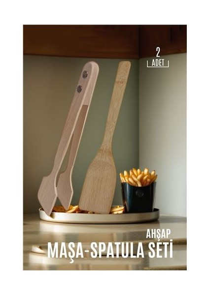 Ahşap Spatula Maşa Seti Doğal Gürgen Ağacı 2 Li Set