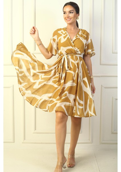 Kruvaze Yaka Volan Kollu Astarlı Beli Kuşaklı Soyut Desen Şifon Kısa Elbise