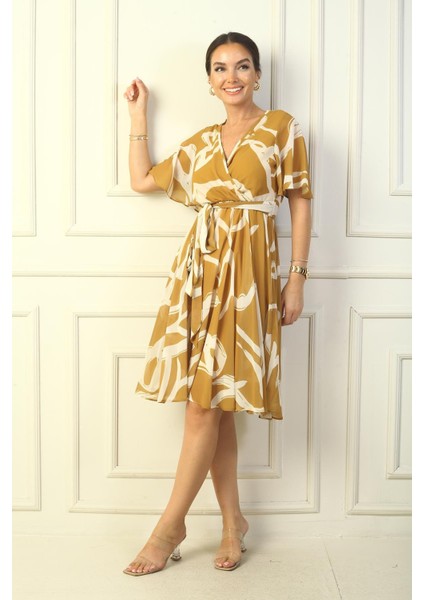 Kruvaze Yaka Volan Kollu Astarlı Beli Kuşaklı Soyut Desen Şifon Kısa Elbise fiyatları