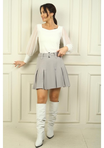 Kadın Beli Kemerli Pileli Kısa Etek fiyatları