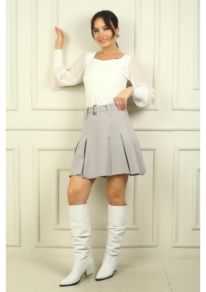 Kadın Beli Kemerli Pileli Kısa Etek modelleri