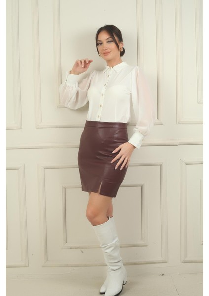 Kadın Içi Şardonlu Yırtmaç Detaylı Mini Deri Etek