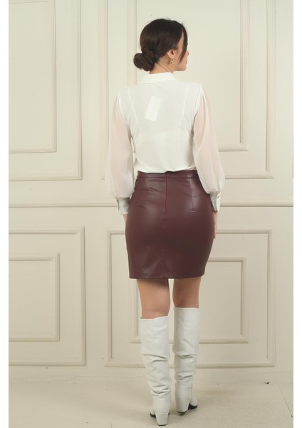 Kadın Içi Şardonlu Yırtmaç Detaylı Mini Deri Etek fırsatları