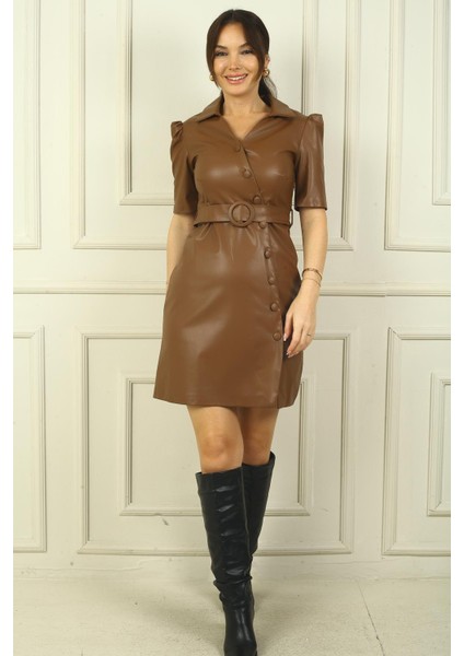 Kadın Önü Çapraz Düğmeli Içi Şardonlu Beli Kuşaklı Kısa Deri Elbise fiyatları
