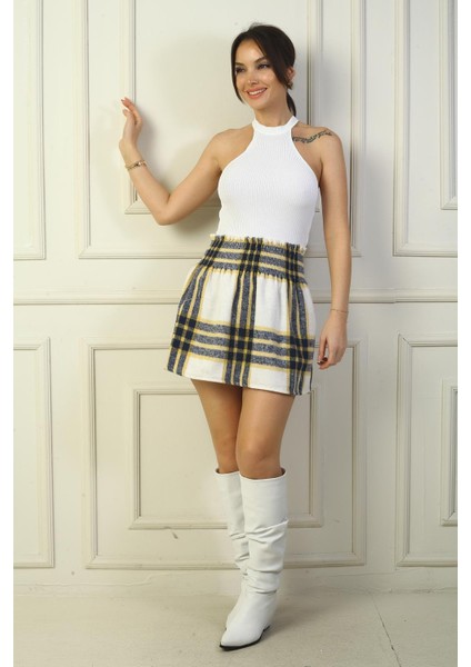 Kadın Beli Lastikli Ekose Kareli Mini Kaşe Etek
