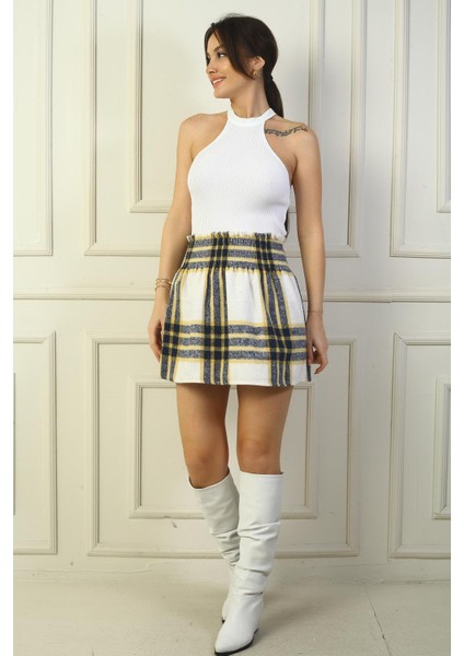 Kadın Beli Lastikli Ekose Kareli Mini Kaşe Etek fiyatları