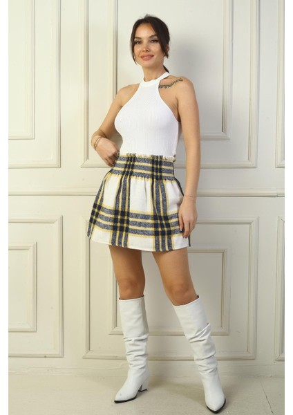 Kadın Beli Lastikli Ekose Kareli Mini Kaşe Etek modelleri