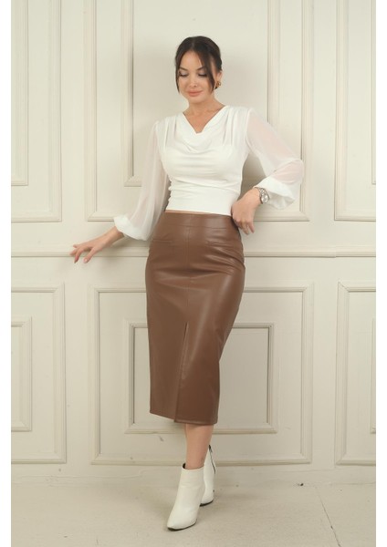 Kadın Önü Yırtmaçlı Cep Detaylı Içi Şardonlu Deri Midi Etek fiyatları