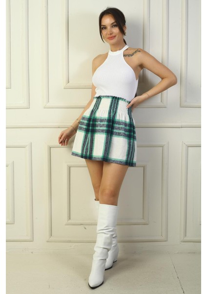 Kadın Beli Lastikli Ekose Kareli Mini Kaşe Etek