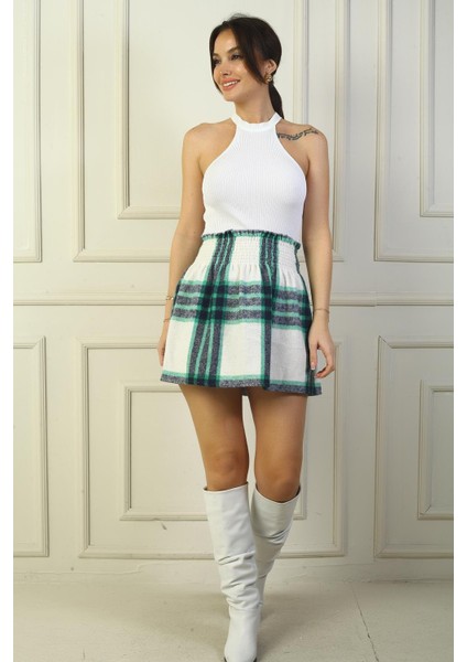 Kadın Beli Lastikli Ekose Kareli Mini Kaşe Etek fiyatları