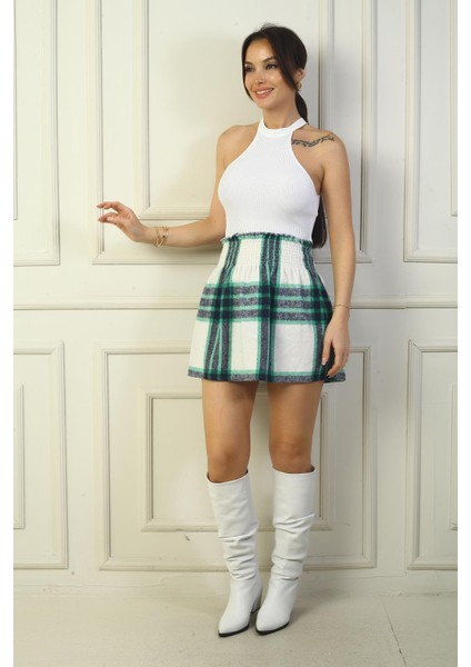 Kadın Beli Lastikli Ekose Kareli Mini Kaşe Etek modelleri