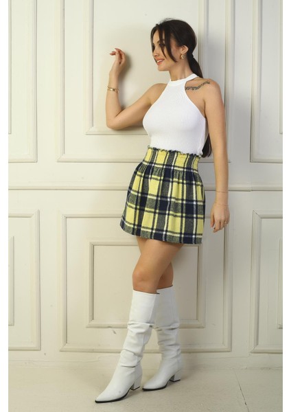 Kadın Beli Lastikli Ekose Kareli Mini Kaşe Etek