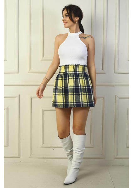 Kadın Beli Lastikli Ekose Kareli Mini Kaşe Etek fiyatları