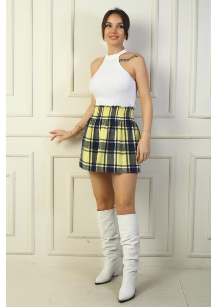 Kadın Beli Lastikli Ekose Kareli Mini Kaşe Etek modelleri