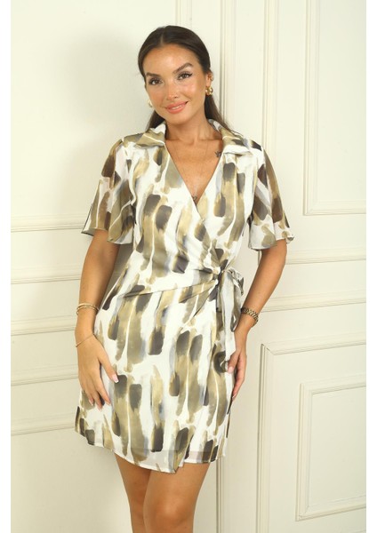 Kadın Kruvaze Polo Yaka Astarlı Beli Toka Detaylı Bağcıklı Fırça Desen Şifon Elbise fiyatları