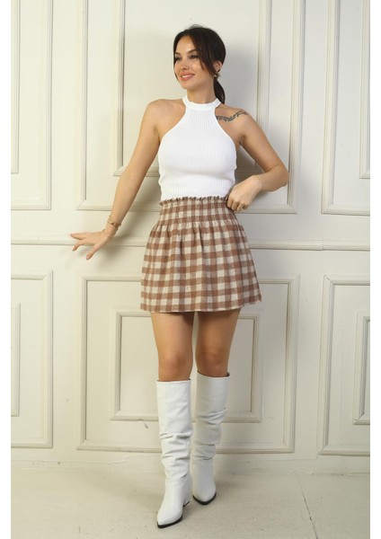 Kadın Beli Lastikli Kareli Kaşe Mini Etek modelleri