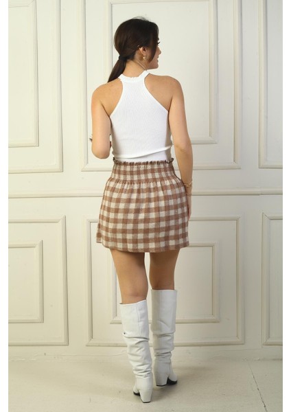 Kadın Beli Lastikli Kareli Kaşe Mini Etek fırsatları