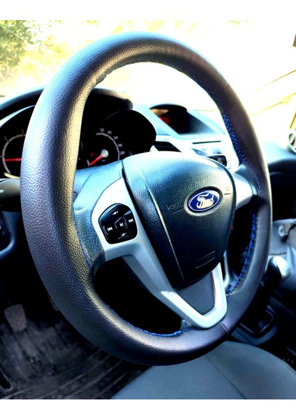 Dikişli Direksiyon Kılıfı Siyah Deri Mavi Dikişli Ford Currier Için