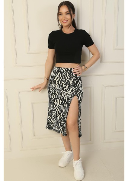 Beli Lastikli Zebra Desen Önü Yırtmaçlı Gofre Uzun Etek