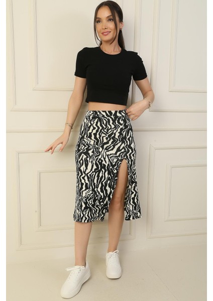 Beli Lastikli Zebra Desen Önü Yırtmaçlı Gofre Uzun Etek