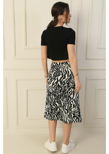Beli Lastikli Zebra Desen Önü Yırtmaçlı Gofre Uzun Etek