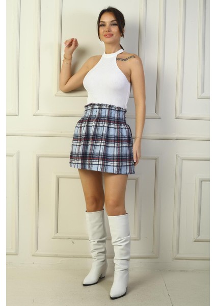 Kadın Beli Lastikli Ekose Mini Kareli Mini Kaşe Etek fiyatları