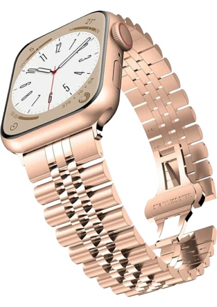 Apple Watch Rolex Stil Paslanmaz Çelik Kordon ( Seri 10 - 46 mm Uyumlu) Rose Gold